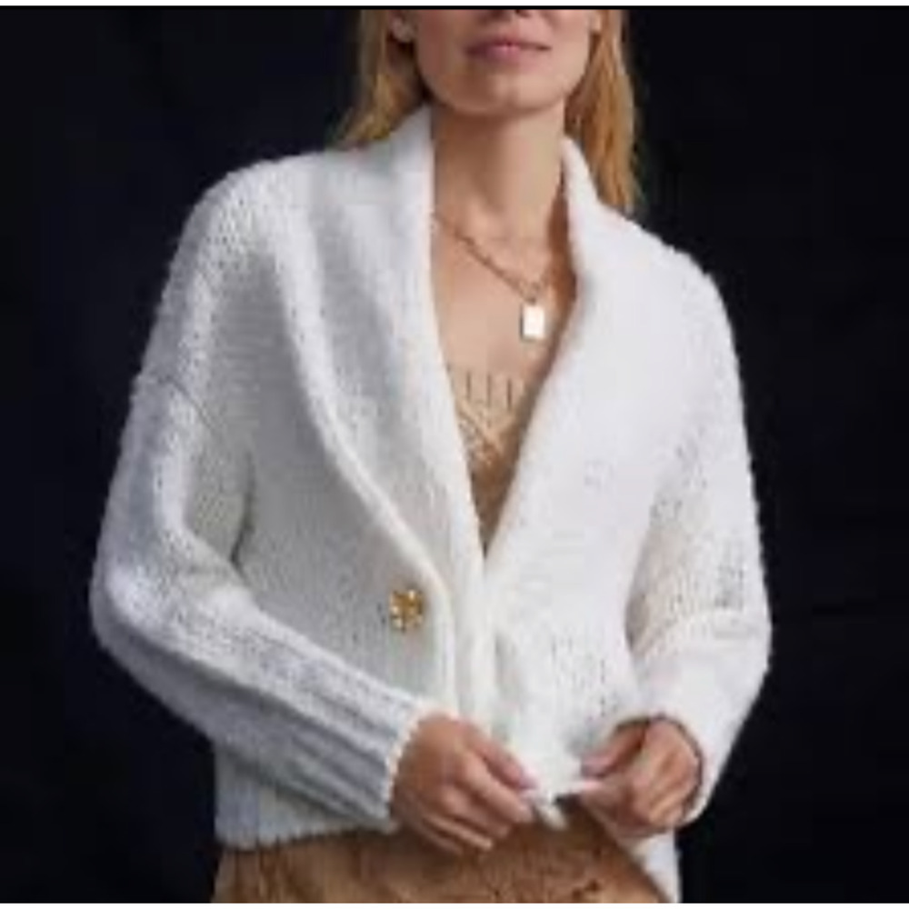Anthropologie Knit Cardigan Cropped Sweater White Size XS‎ Cottage Granny Nonna
